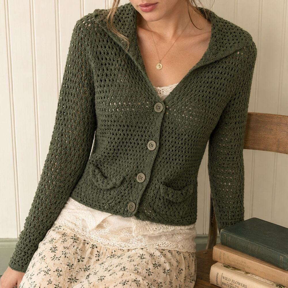 Ann Taylor Olive Green Crochet Cardigan S Cotton Collared Cottagecore Fairy Prep